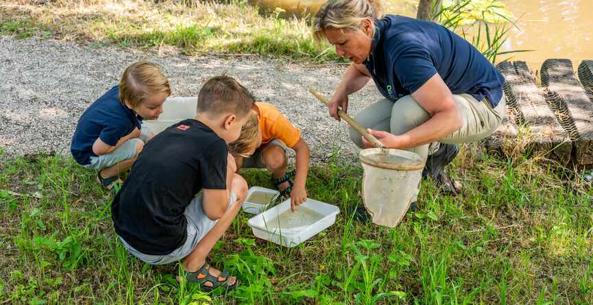 Vrouw met kinderen bij wat ze uit de vijver hebben gehaald met het schepnetje